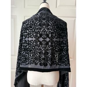 Black Silk Burnout Velvet Scarf Sheer Swirl Fringe Gothic Dark Romantic Luxury